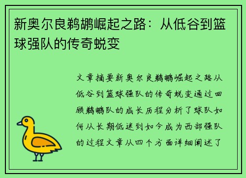 新奥尔良鹈鹕崛起之路：从低谷到篮球强队的传奇蜕变