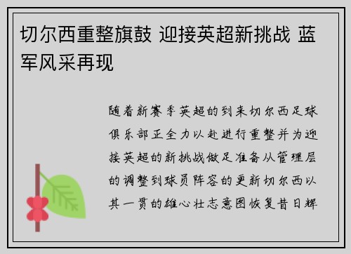 切尔西重整旗鼓 迎接英超新挑战 蓝军风采再现