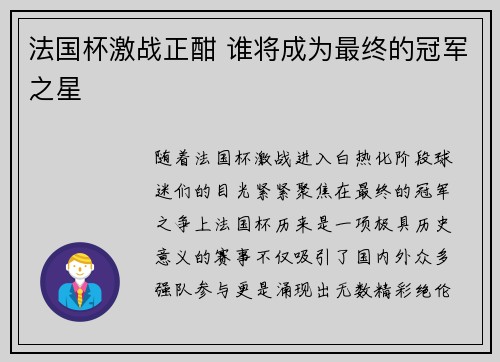 法国杯激战正酣 谁将成为最终的冠军之星