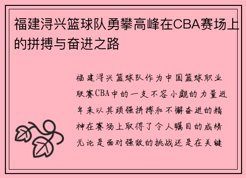 福建浔兴篮球队勇攀高峰在CBA赛场上的拼搏与奋进之路