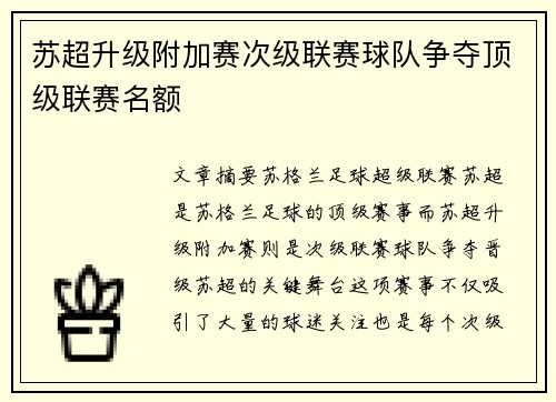 苏超升级附加赛次级联赛球队争夺顶级联赛名额
