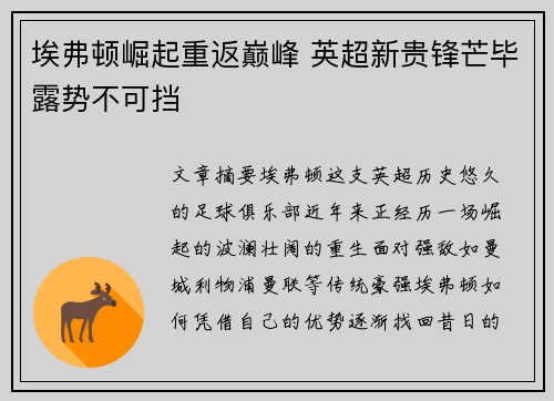 埃弗顿崛起重返巅峰 英超新贵锋芒毕露势不可挡