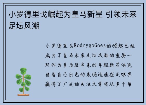 小罗德里戈崛起为皇马新星 引领未来足坛风潮